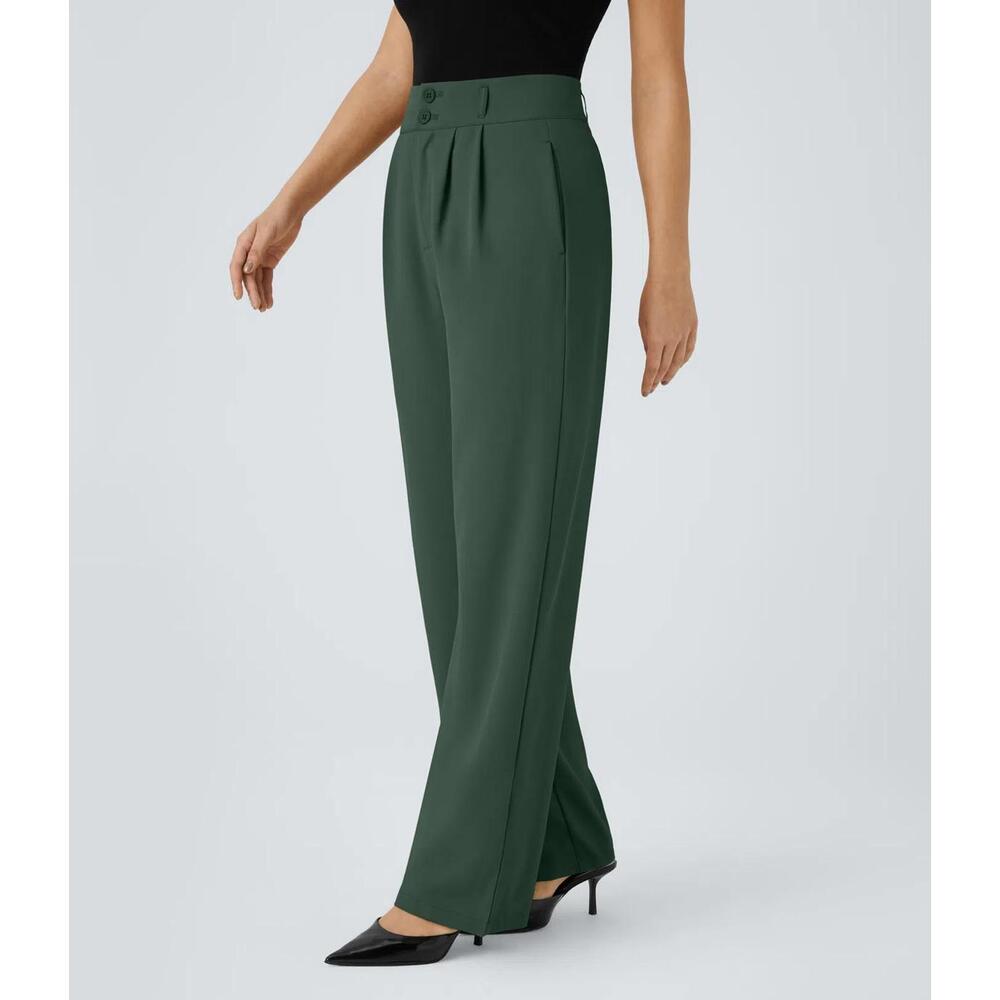 NWT Halara High Waisted Shirred Straight Leg Work Pants Dark Green M Petite - Picture 11 of 13